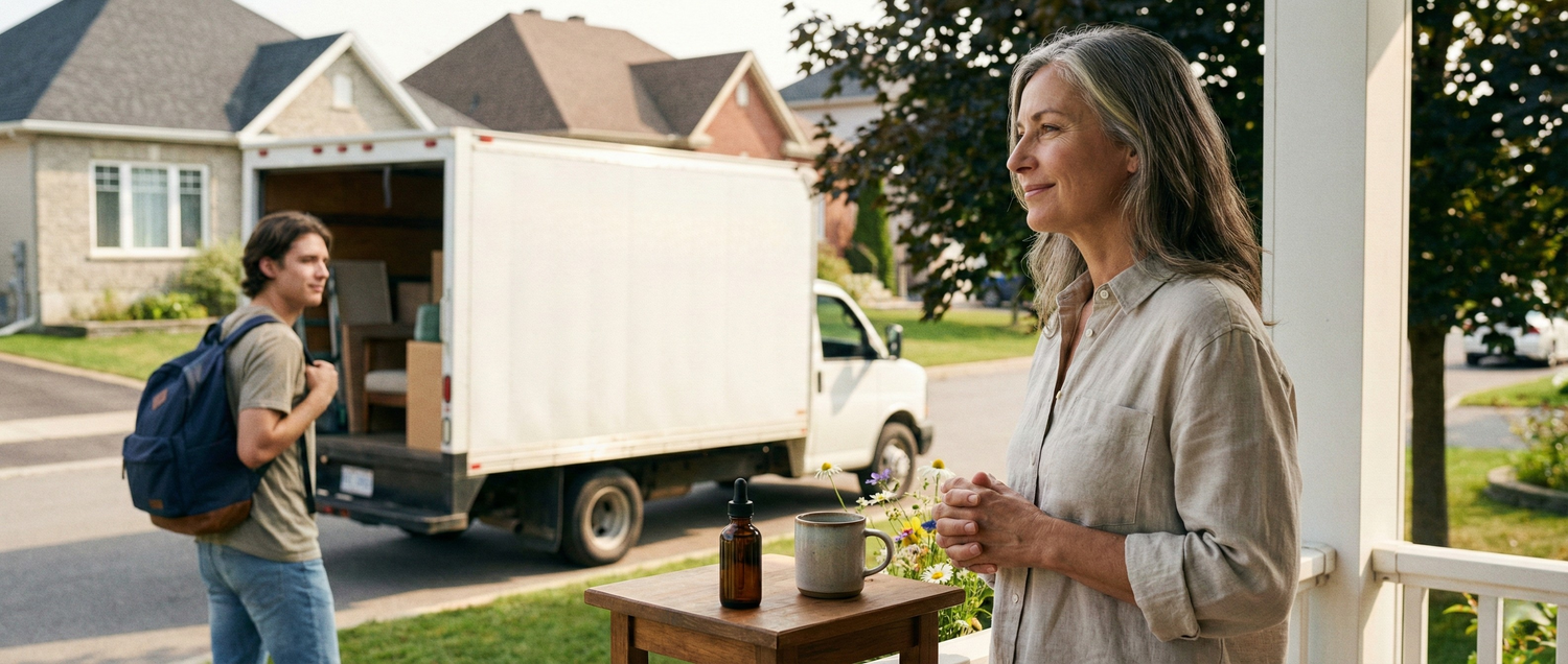 une maman regardant son fils partir avec le camion de déménagement - un flacon de fleurs de Bach à côté de sa tasse