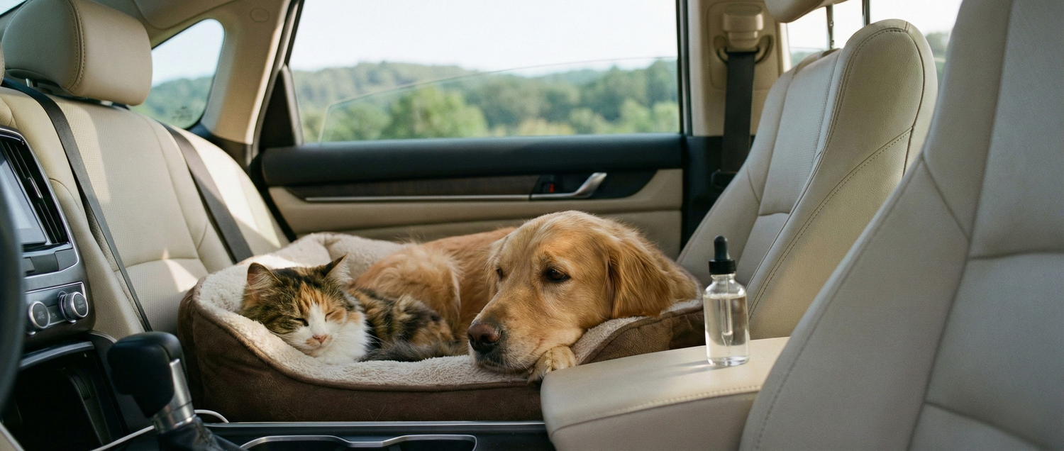 chien et chat sereins en voiture