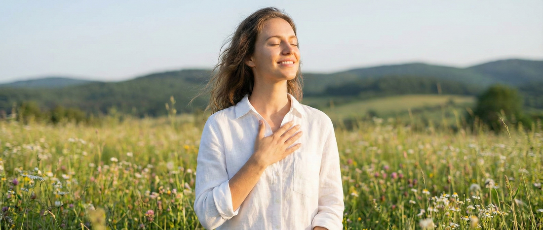 Femme souriante dans un champ