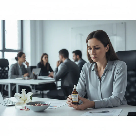 Une femme pensive tient un flacon de Fleurs de Bach dans un bureau, symbolisant la gestion des conflits au travail