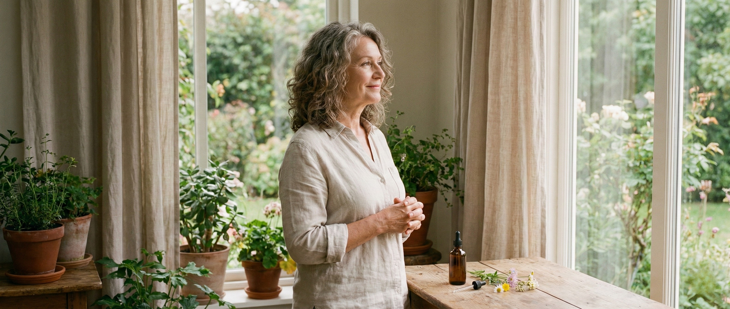 Femme mature à l'allure hypersensible, regardant par la fenêtre - flacon de fleurs de Bach posé sur la table