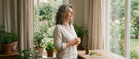 Femme mature à l'allure hypersensible, regardant par la fenêtre - flacon de fleurs de Bach posé sur la table