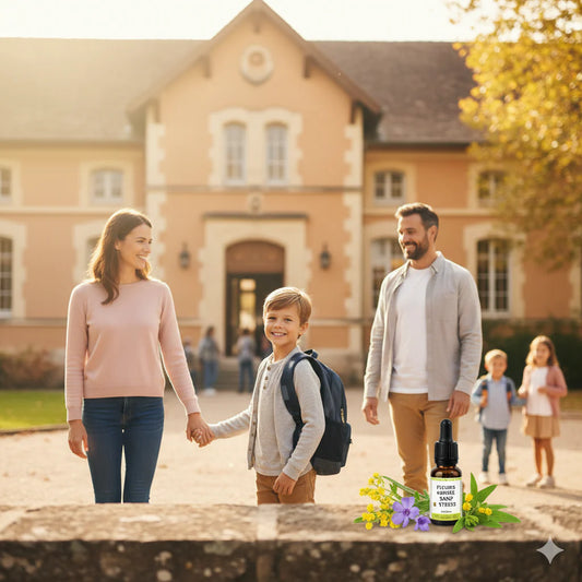 Un jeune garçon souriant, sac à dos, tenant la main de sa mère tandis que son père et d'autres enfants sont en arrière-plan devant une école, illustrant une rentrée sereine avec un flacon de fleurs de Bach.