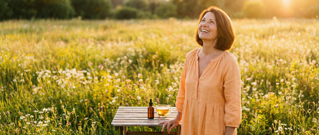 Femme mature souriant dans un champ, appuyée sur une table en bois où un flacon de fleurs de bach et une tasse de thé sont posés