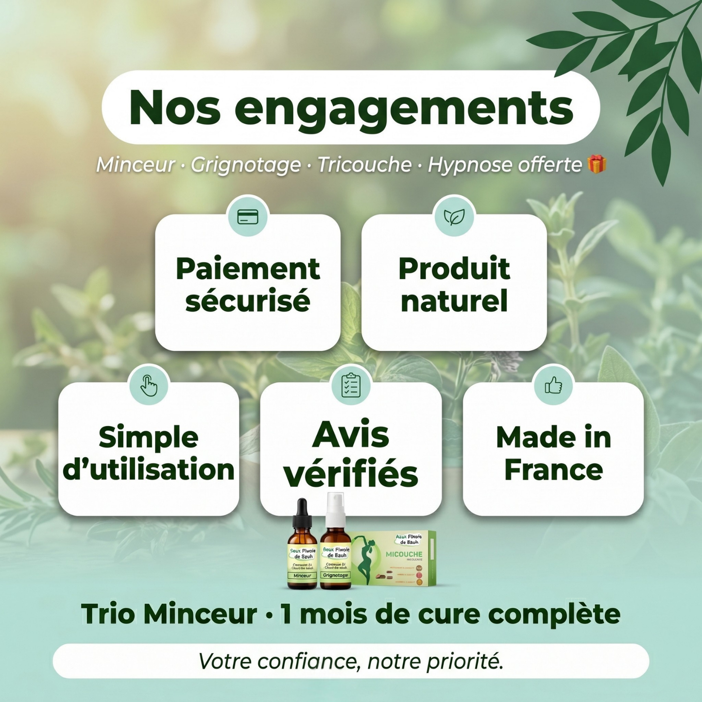 Trio Minceur | Minceur + Grignotage + Tricouche + Hypnose Offerte